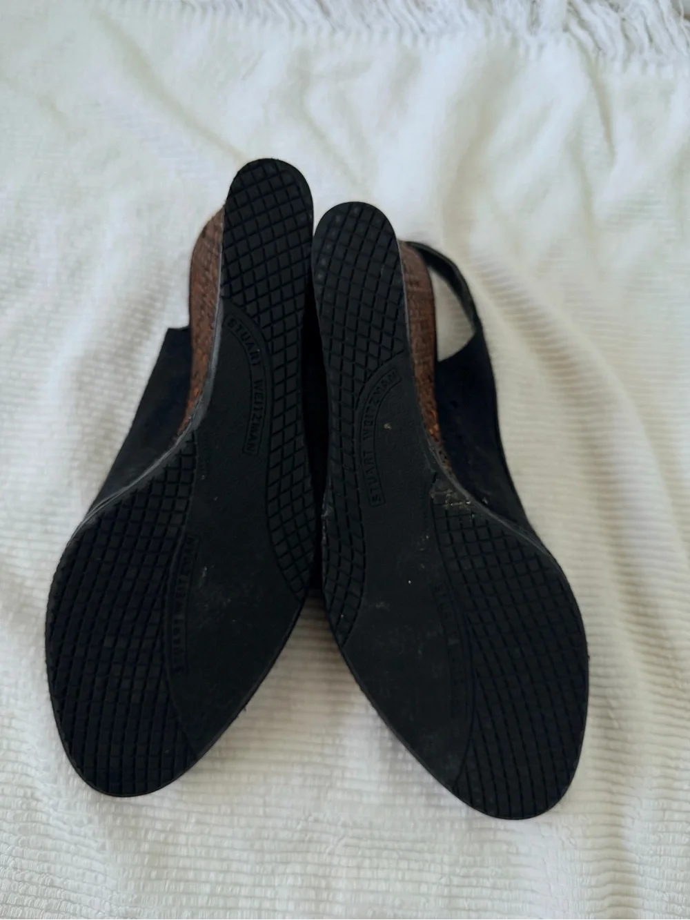 Stuart Weitzman Black linen Peep-Toe Slingback Wedges with Brown Woven Heel